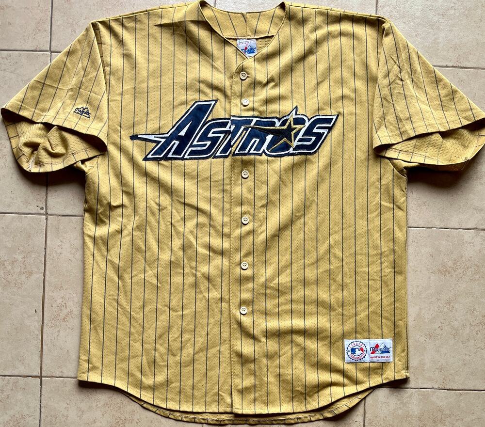 RARE Houston Astros 90s GOLD pinstripe Majestic ALTernate jersey 2XL MLB vintage